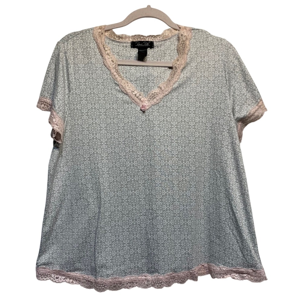 Rene Rofe Pajama Set Large Grey Pink Lace Trim Geometric Print Sleepwear 2pc